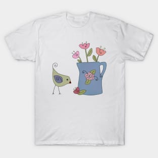 Vogel mit Blumenvase T-Shirt